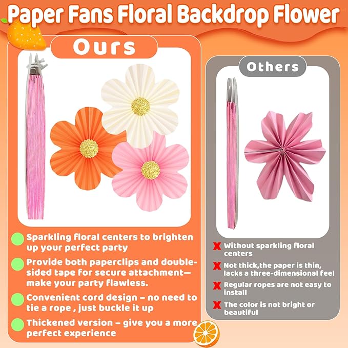 Pink and Orange Party Decorations Pink Paper Flowers Decorations for Wall 9pcs with 9 Gold Glitter Floral Centers Paper Fans Floral Backdrop Flower Wall Decor for Birthday Classroom Baby Shower, Guide