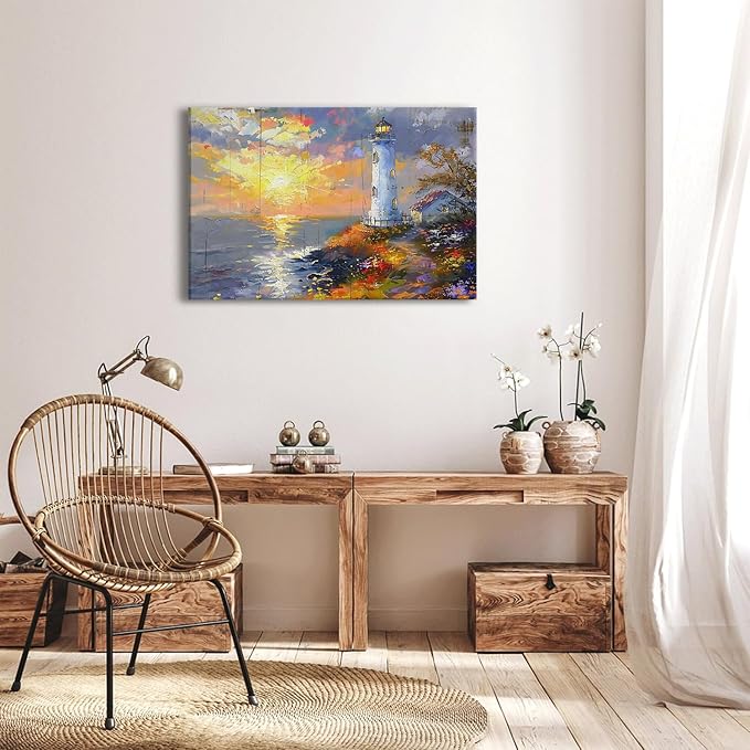 Lighthouse Wall Art Abstract Beach Wall Decor Sunset Coastal Canvas Prints Painting Ocean Landscape Picture Modern Seascape Artwork for Kitchen Bedroom Living Room Home Decoration 24x36"