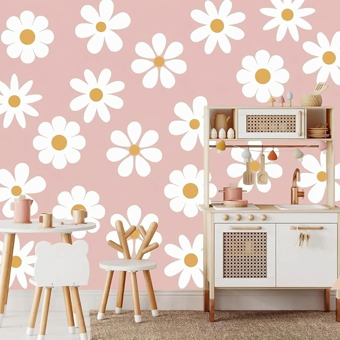 TaoBary 12 Sheet Daisy Wall Sticker Decal Removable Cute Daisy Bedroom Room Decor Flower Wall Sticker Pink White Flower Decal Wallpaper Peel and Stick for Nursery Home(White, Yellow,Novelty Style)