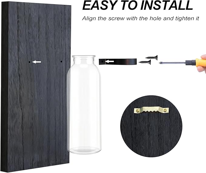 2 Pack Wall Planters for Indoor Plants, Wood Glass Decor for Bathroom, Bedroom Living Room, Modern Farmhouse Wooden Pocket Wall Vases for Dried Flowers and Plastic Plants (Black)