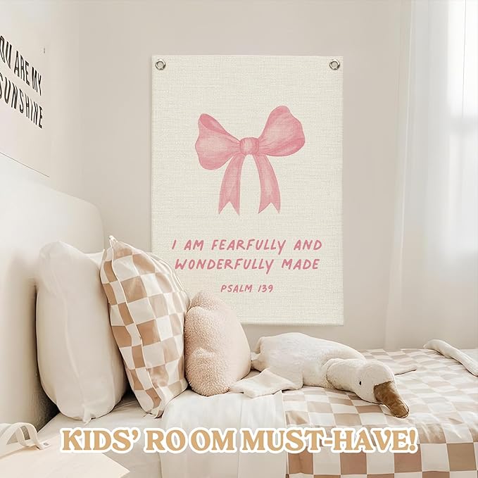 Bible Verses Wall Decor,Pink Coquette Bow Linen Canvas Banner,Christian Wall Art I Am Fearfully And Wonderfully Made Wall Hanging Flag for Kids Girl Bedroom Living Room Dorm 18x25 Inch