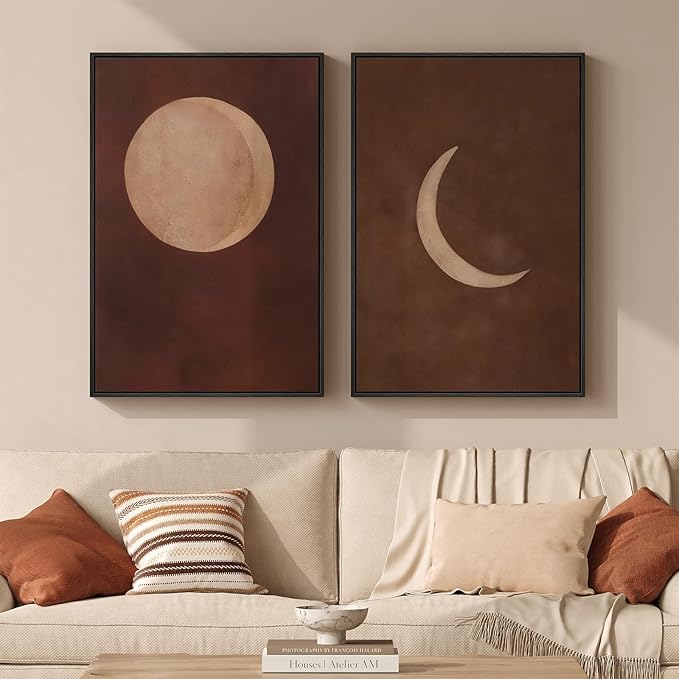 Framed Moon Phase Boho Wall Art Set of 2, Neutral Brown Lunar Celestial Canvas Artwork for Walls, Minimalist Bohemian Abstract Painting Prints for Living Room Bedroom Hallway Wall Decor, 16x24 Inch