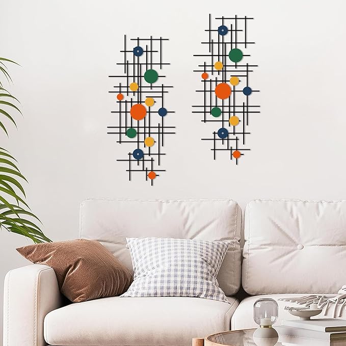 ruelen Set of 2 Minimalist Geometric Wall Decor - Modern Metal Wall Art for Living Room, Bedroom & Office – Abstract 2D Design in Bright Colorful Style