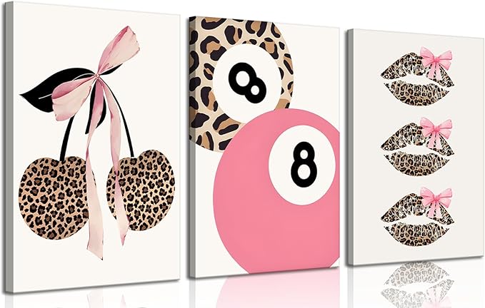 Trendy Pink Leopard Bow Canvas Wall Art Set of 3 Funky Cherry Lucky 8 Ball Posters Prints Cute Coquette Preppy Room Aesthetic Wall Decor Pictures for Girls Bedroom Apartment Dorm 16x24in