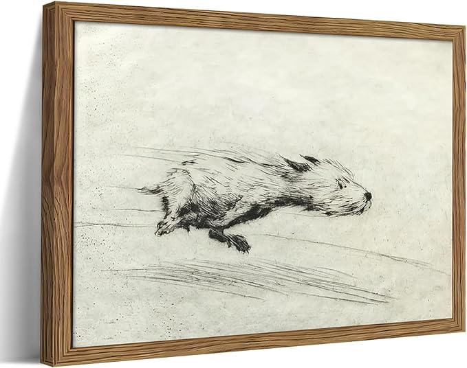 Framed Dog with Zoomies Canvas Wall Art, Vintage Dog Flight Poster Print, Sketch Running Little Pictures Decor, Black and White Silly Wall Decor for Living Room Bedroom – 16x24 inch