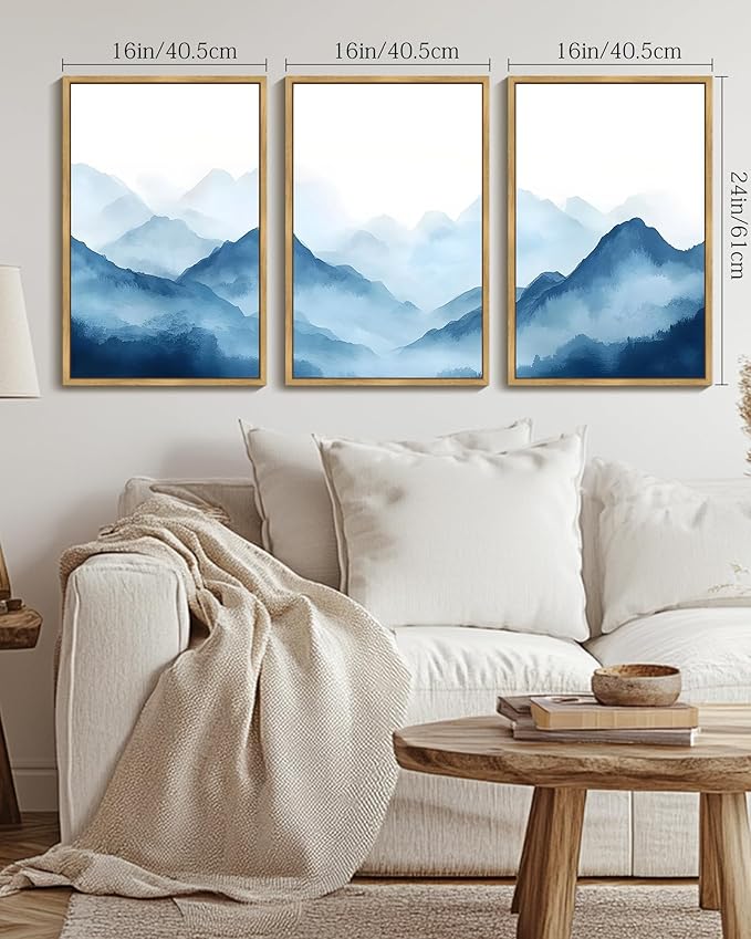 Drsoum Blue Fog Mountains Landscape Wall Art Framed Vintage Nature Misty Nordic Prints Ink Wash Watercolor Boho Farmhouse Rustic Artwork Hallway Bedroom Ready to Hang 16x24in Natural Framed