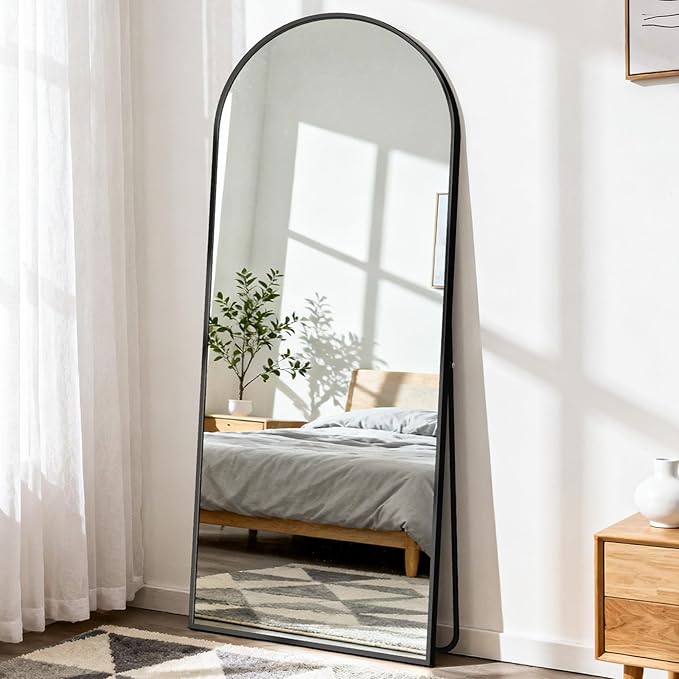 DUMOS 63"x20" Arched Full Length Mirror with Stand Floor Free Standing Aluminum Frame for Bedroom Body Hanging Leaning Modern Simple Home Decor Shatter-proorf Nano Glass Wall, Black-Rounded