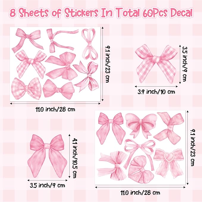 A1diee Bowtie Decal Pink Bow Wall Stickers - 60Pcs Watercolor Coquette Aesthetic Wall Stickers Light Pink Bow Knot Wall Art Decor Vinyl Peel and Stick Room Decor for Kindergarten Nursery Bedroom