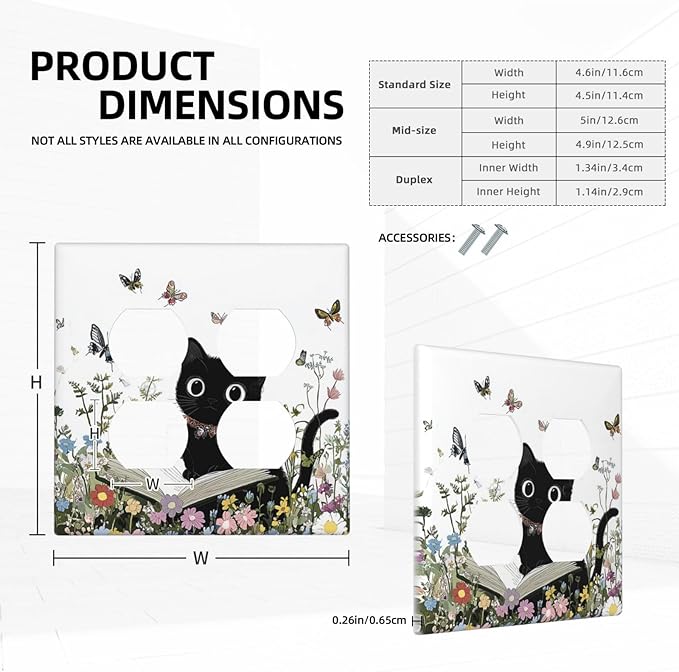 Outlet Covers Cute Cat Wildflowers Boho Flowers Floral 2 Gang Double Duplex Decorative Light Switch Covers Electrical Wallplates Socket Faceplate For Nursery Kids Room Decor