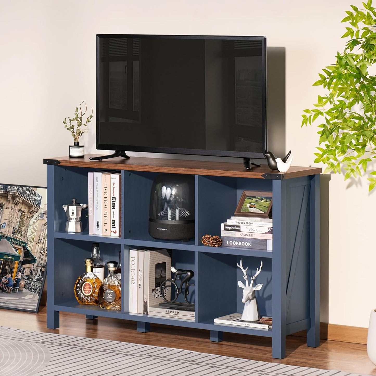 6 Cube Bookcase, Farmhouse Wood Low Storage Organizer Book Shelf, 47" Horizontal Navy Blue Console Bookshelf with Legs, Hallway Book Case for Entryway, Display Cabinet for Living Room, Office