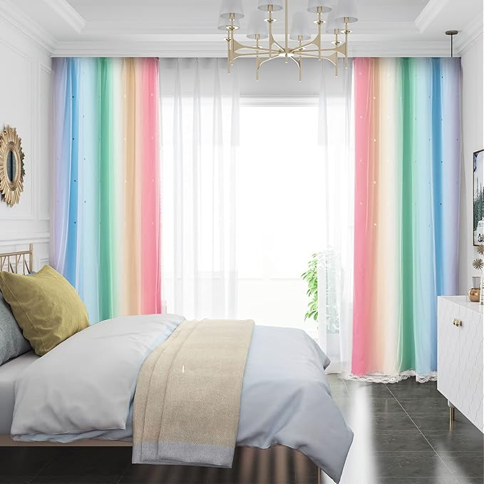 UNISTAR 2 Panels Blackout Stars Curtains for Girls Bedroom Kids Aesthetic Living Room Decor Colorful Double Layer Star Cut Out Stripe Window Wall Home Decoration Curtain,W52 x L63 Inches, Rainbow