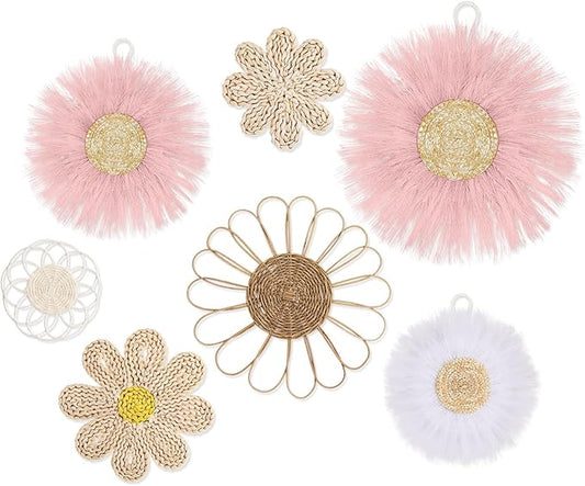 Chunful 7 Pcs Boho Wall Basket Decor Rattan Flower Wall Decor Nursery Daisy Flower Woven Macrame Hanging Flowers for Baby Kids Girls Farmhouse Bedrooms Living Rooms Kitchen Home(Pink)