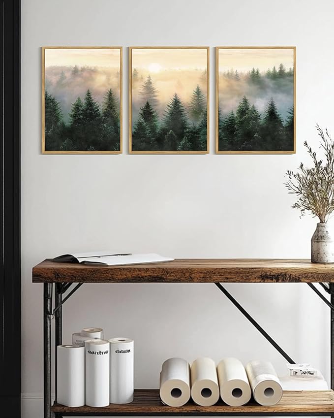 Drsoum Green Fog Pine Tree Landscape Wall Art Framed Nature Misty Nordic Forests Prints Morden Farmhouse Rustic Artwork Hallway Bedroom Ready to Hang 12x16in Natural Framed