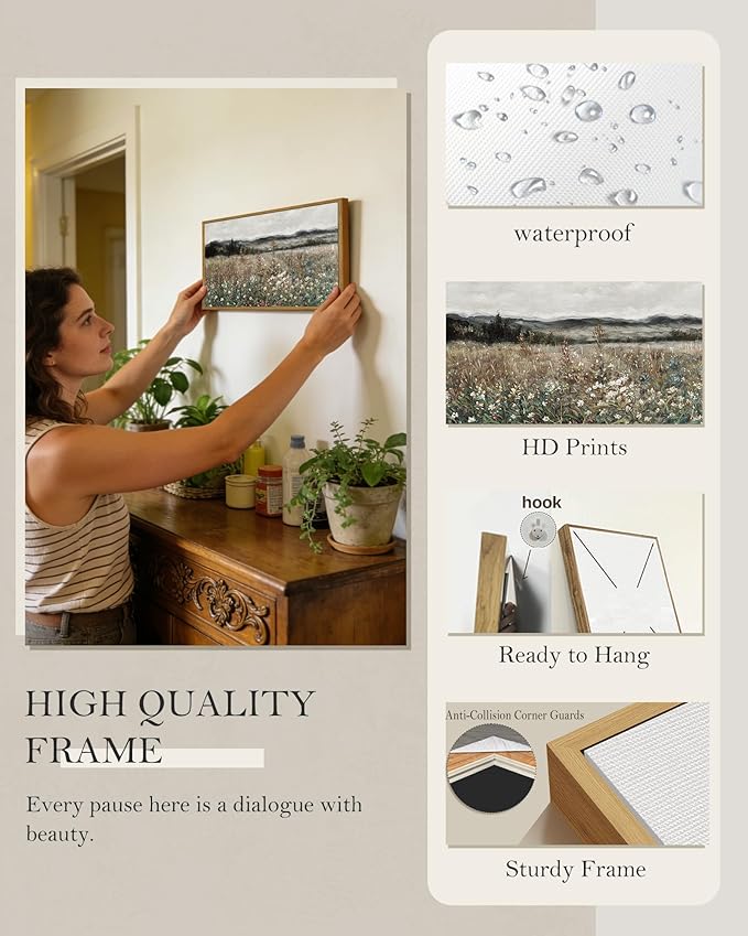 SHENIFY Vintage Landscape Framed Wall Art Meadow Flowers Farmhouse Decor Retro Classic Painting for Kitchen Bedroom Living Room Bathroom - 8x16in Natural Framed