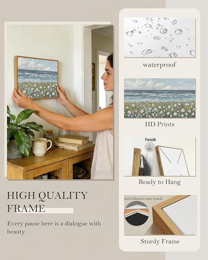 SHENIFY Vintage Landscape Framed Wall Art Sea Coastal Wildflower Field Scenery Farmhouse Decor Retro Painting for Living Room Bedroom Ready to Hang Wall Artwork - 11x14in Natural Framed