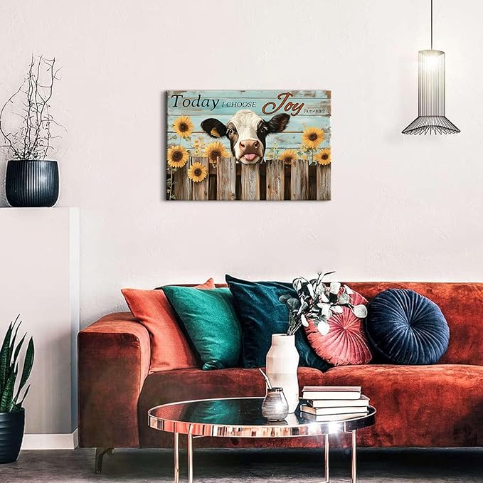 Funny Cow Wall Art Teal Wall Decor Sunflower Kitchen Pictures Christian Bible Signs Canvas Prints Poster Vintage Farmhouse Inspirational Quotes Painting Artwork for Living Room Home Decorations 16x24"