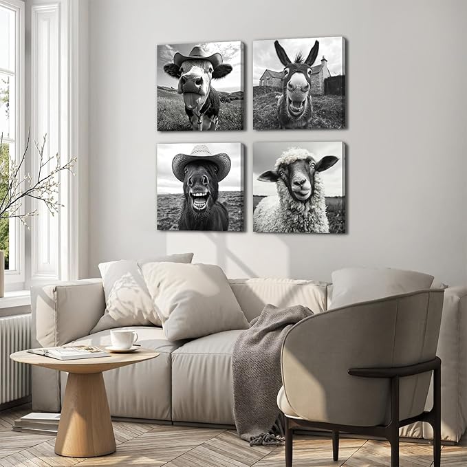 Farmhouse Animal Wall Art Funny Cow Wall Decor Black and White Prints Horse Pictures Cowboy Posters Canvas Prints Humor Animals Paintings Country Artwork for Kitchen Living Room Home Decoration 16x16”
