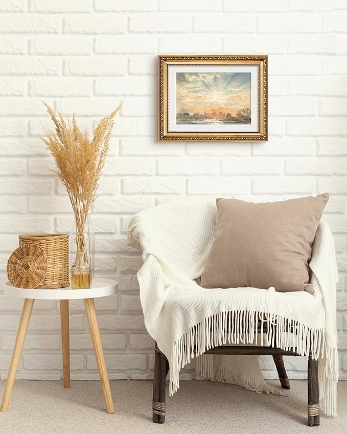 VIYYIEA Gold Framed Serene Watercolor Landscape Sunrise, Elegant Coastal Wall Art for Living Room | Modern Home Decor - No Glass Design, Lightweight Canvas Painting, Chic Accents - 11x14 Inch