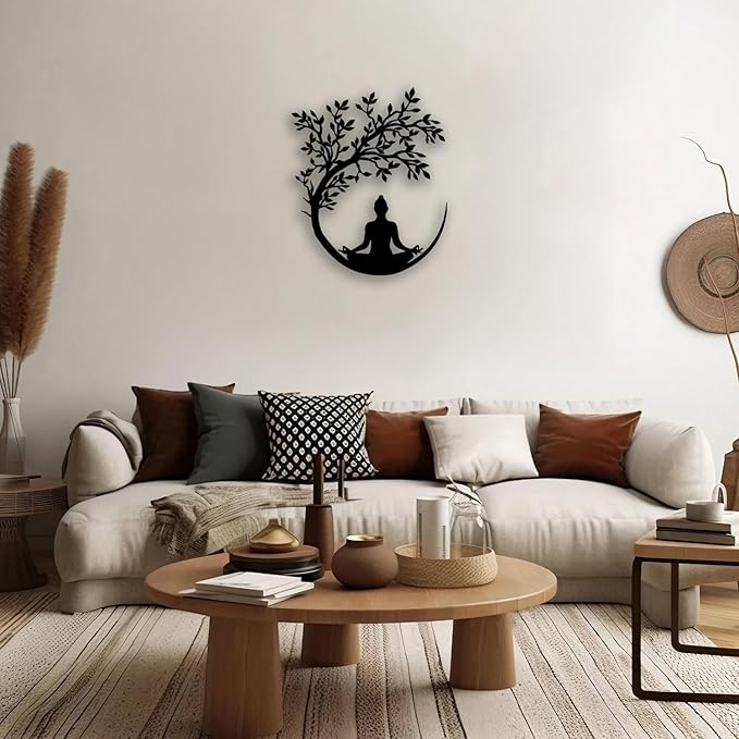 OPTYBVFD Tree of Life and Buddha Metal Wall Decor - Zen Room Decor Wall Art Home Decor for Living Room, Bedroom, Office, Yoga, Meditation (Black)