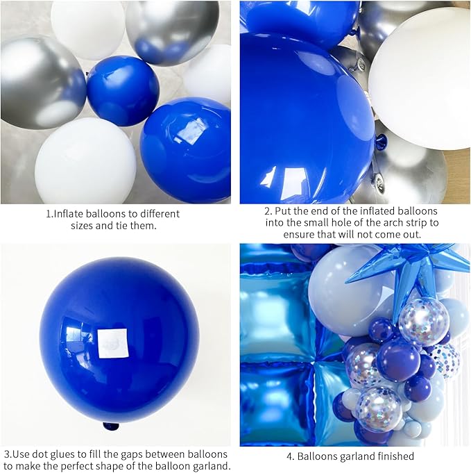 25pcs Royal & Light Blue Foil Square Balloon Wall with 149pcs White and Blue Confetti Balloons Arch Kit, Double Sided Balloon Tunnel with Star Balloons for Birthday, Class of Graduation Backdrop