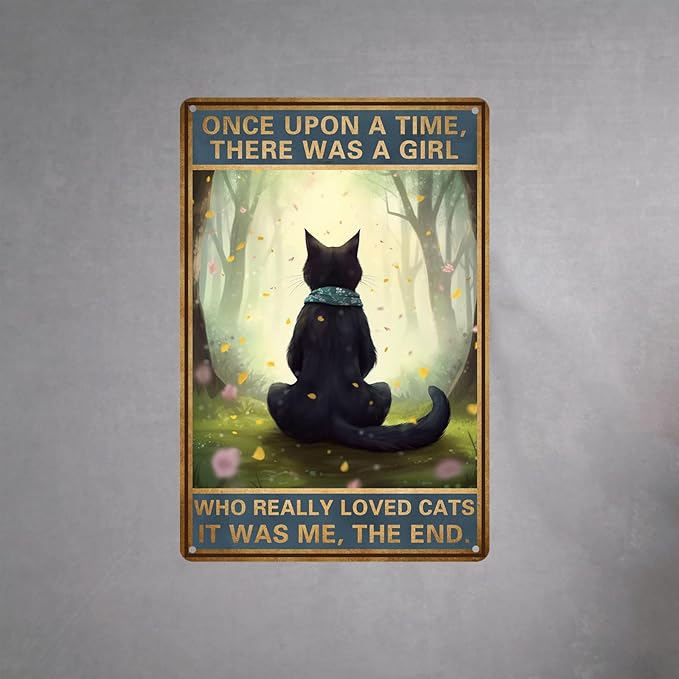 HYBLOM Black Cat Decor - Once Upon a Time Sign - Vintage Cat Decor for Home, Bedroom, Kitchen, Office, Cafe, Bar, Cat Lover Gifts, Metal Tin Sign 12x8 Inches