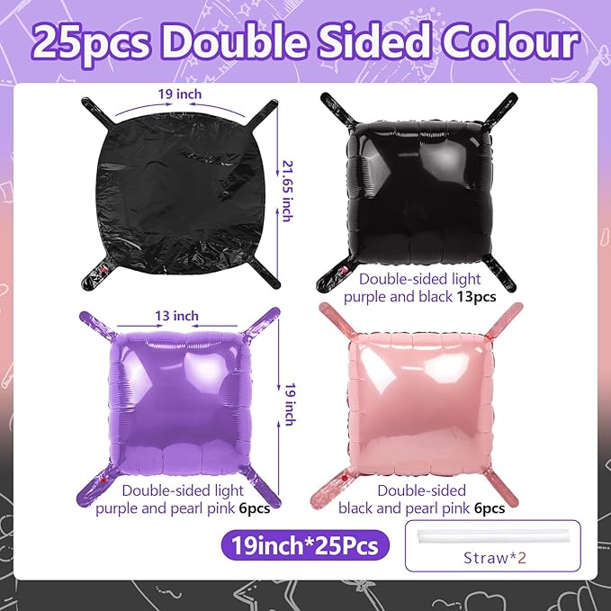 NISOCY 25PCS Purple Pink Black Square Foil Balloons Wall Backdrop Double Sided Black Pink Balloon Arch Kit for Birthday Baby Bridal Shower Carnival Cocktail Girls Theme Party Decoration
