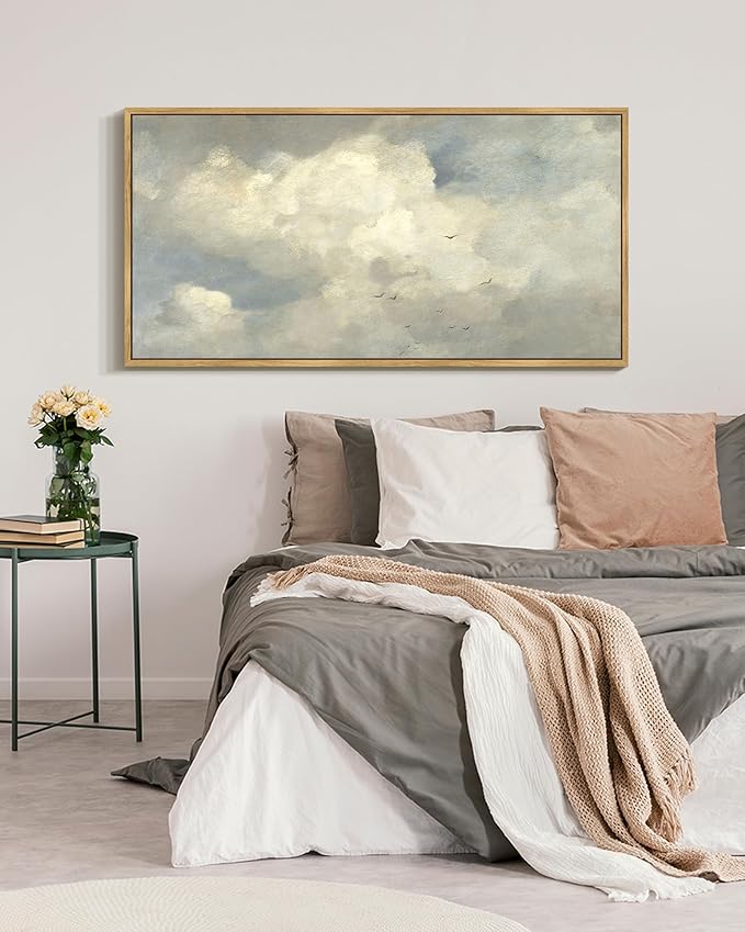 SHENIFY Vintage Landscape Framed Wall Art Sky Cloud Nature Farmhouse Decor Retro Classical Painting for Hallway Bedroom Living Room Dining Room - 20x40in Natural Framed