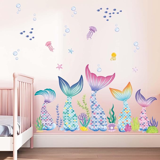 Baby Girls Mermaid Tail Wall Stickers - Under The Sea Marine Theme Wall Decals - Nursery Kids Room Daycare Bedroom Bathroom Wall Decor