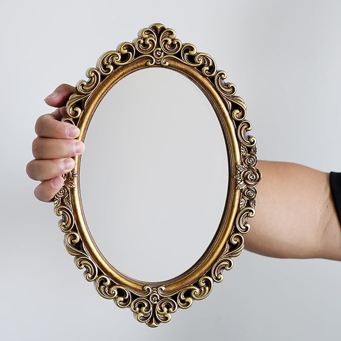 OIGUMR Oval Smallest Wall Mirror Resin Frame Size：12 x 8.3 inch Mirror Vintage Hanging Mirrors for Bedroom Living-Room Dresser Decor Gold