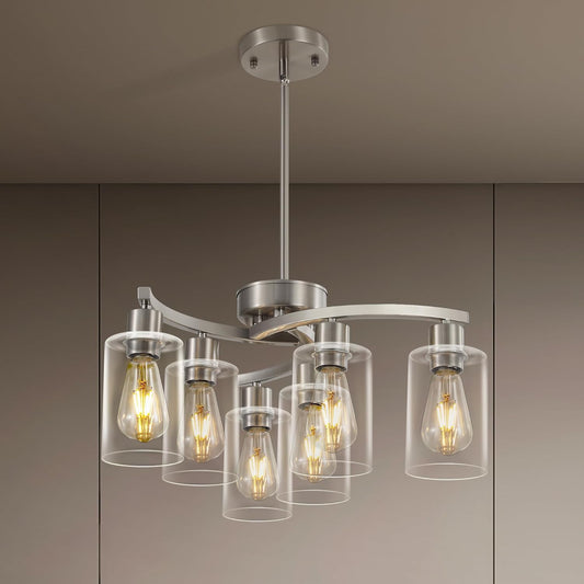 6 Light Modern Brushed Nickel Pendant Light Fixture For Dining Room，Contemporary Kitchen Light Fixtures Brushed Nickel，Adjustable Height Farmhouse Dining Chandeliers Over Table，With Glass Shade