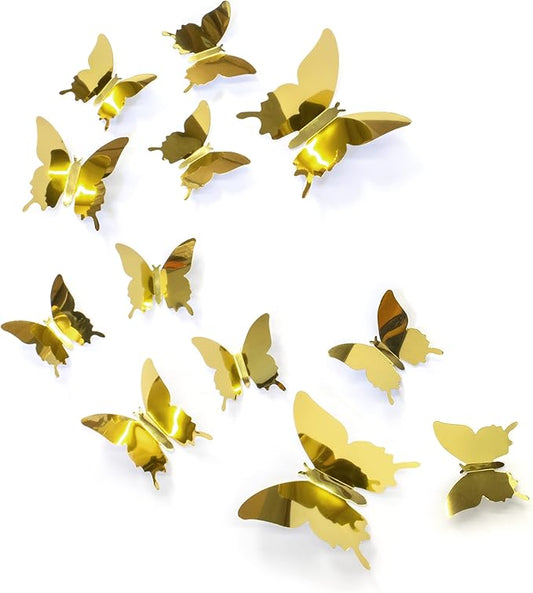Butterfly Wall Decal Room Decor, Gold Butterfly Wall Decor 24 pcs, Party Decor, Wedding Decoration, Aesthetic Butterflies Stickers for Bedroom