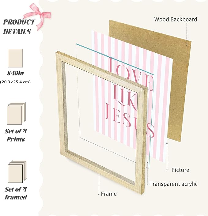 LARTSFRO Coquette Pink Bow Jesus Wall Art Decor Posters, Pink Bow Room Bedroom Bathroom Dorm Wall Art Decor Aesthetic for College Teen Girls Gifts, Inspirational Bible Verses Bow Wall Decor, 10x8 Inch Set of 4 Pcs Bow Pictures (WOOD-GRAIN FRAMED)