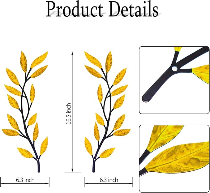 Metal Tree Leaf Wall Decor 2 PCS Rustic Vine Branch Leaf Wall Art for Living Room Bedroom Bathroom Decorations - Golden Yellow