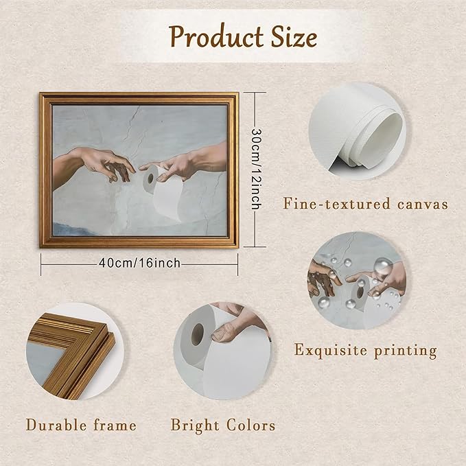 Aroutde Funny Bathroom Canvas Wall Art Humor Washroom Posters Gold Framed Wall Decor Handing Toilet Paper Prints Funky Restroom Sign Artwork for Home Decoration (16L''x12W'')