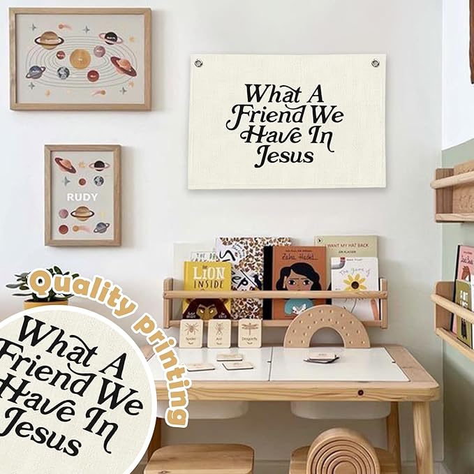 RTXLEZM Kids Room Decor, What a Friend We Have in Jesus Christian Canvas Banner Wall Hanging, Minimalist Bible Verse Wall Art Prints for for Classroom, Playroom，Nursery, Kids Room, 20x30 Inch