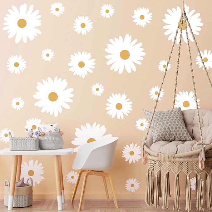 TaoBary 12 Sheet Daisy Wall Sticker Decal Removable Cute Daisy Bedroom Room Decor Flower Wall Sticker Pink White Flower Decal Wallpaper Peel and Stick for Nursery Home(White, Yellow,Multi Petal Style)