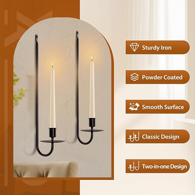 Candle Sconces Set of 2, 16.5 Inch Taper & Pillar Wall Candle Holder, Black Wall Sconces Set of Two, Decor for Entryway, Stair Corner, Living Room, Gifts for Men Women Mom or Dad