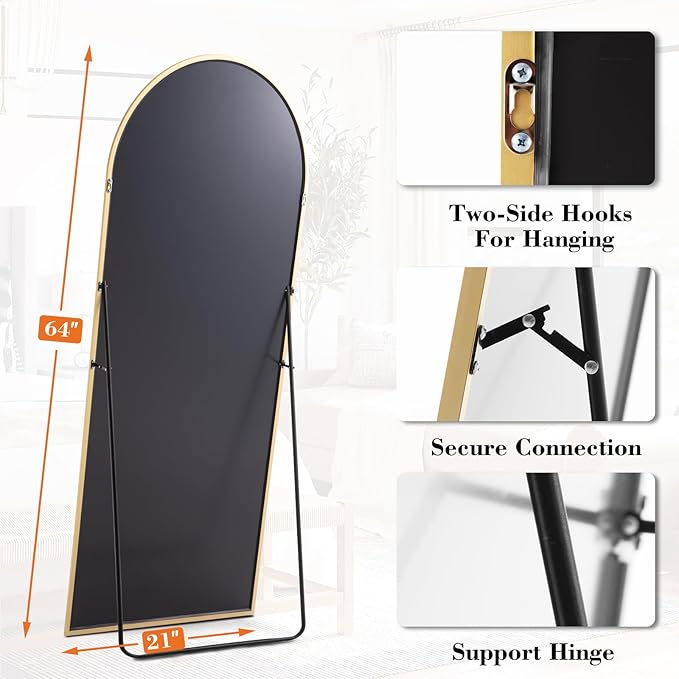 DUMOS 63.6"x20.6" Arched Full Length Mirror with Stand Floor Free Standing Aluminum Frame for Bedroom Body Hanging Leaning Modern Simple Home Decor Shatter-proorf Nano Glass Wall, Gold-Rounded