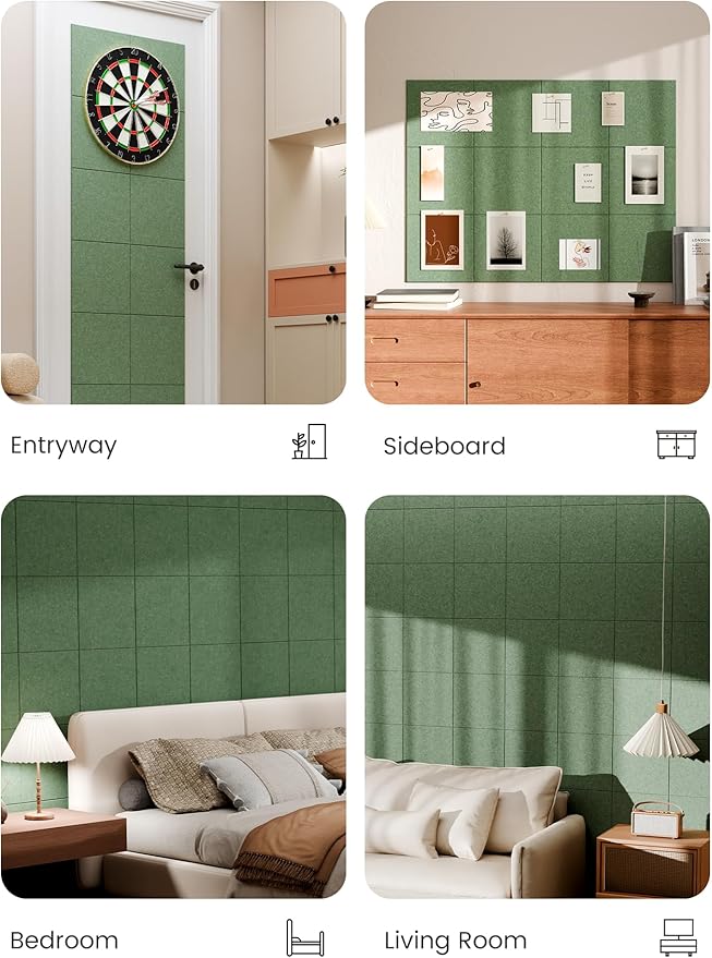Bumusty Large Cork Board 48" x 36" Alternative - 12 Pack Felt Wall Tiles with 70 Safe Removable Adhesive Tabs, 30 Pushpins, Cork Boards for Walls Pin Board Bulletin Board Office Decor (Moss Green)