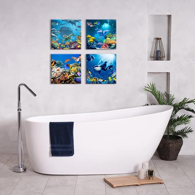 Blue Ocean Aquatic Animals Wall Art Sea Turtle Canvas Pictures Undersea Coral Dolphin Whale Fish Artwork for Bathroom Nautical Painting Nursery Kids Bedroom Living Room Home Decoration 20x20” 4 Pcs