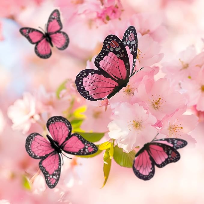 Chuangdi 48 Pcs Pink Monarch Butterfly Decorations 3 Size Fake Butterflies Realistic Butterfly Craft Artificial Mariposas Wall Decor for Craft Wedding Home Birthday Party (3.2inch,4inch,4.7inch)
