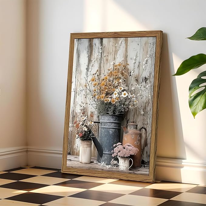 Wood Framed Farmhouse Vintage Canvas Wall Art, Rustic Floral Daisy Pictures Wall Decor Paintings, Country Flower Artwork Poster Prints for Living Room Kitchen Bedroom Bathroom 16x24 inch