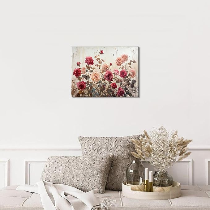Vintage Flower Wall Art Pink Roses Wall Decor for Bathroom Retro Botanical Canvas Prints Rustic Farmhouse Floral Pictures Wall Decor Spring Wildflower Artwork Living Room Bedroom Home Decoration 12x16"