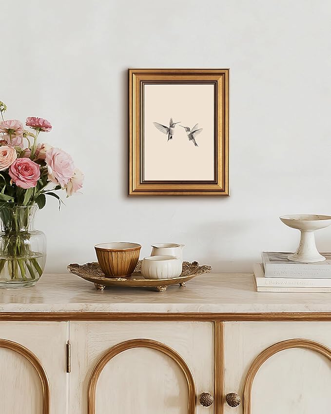 InSimSea Gold Framed Canvas Wall Art, Vintage Birds Wall Decor for Living Room, Two Hummingbirds Sketch Paintings Farmhouse Decor Aesthetic, Small Prints for Bedroom Shelf Gift, 8x10inch