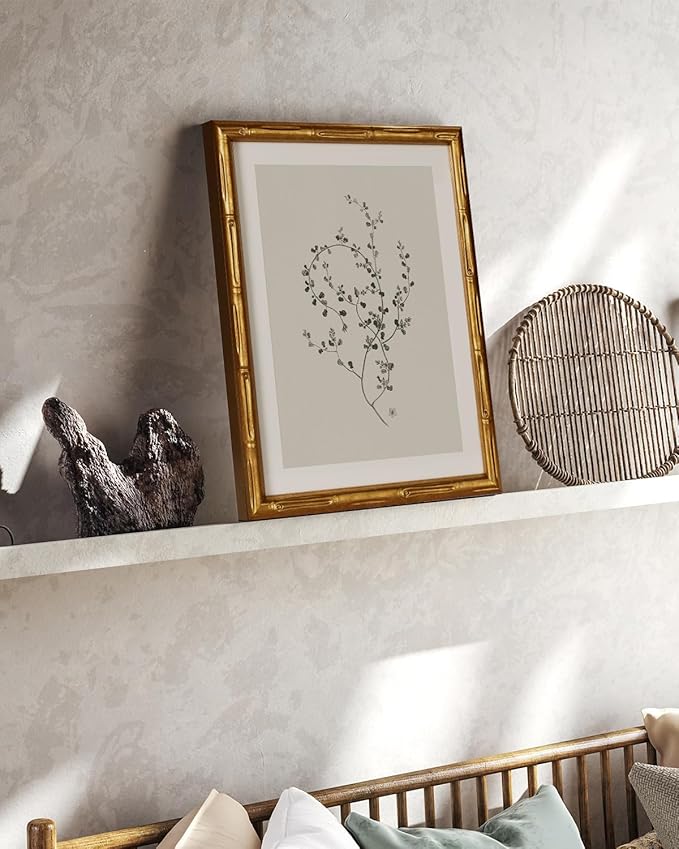 InSimSea Gold Bamboo Framed Canvas Wall Art, Minimalist Floral Botanical Paintings, Antique Vintage Picture Frame with Mat, Victorian Home Wall Decor for Living Room Bedroom Gallery, 11x14inch