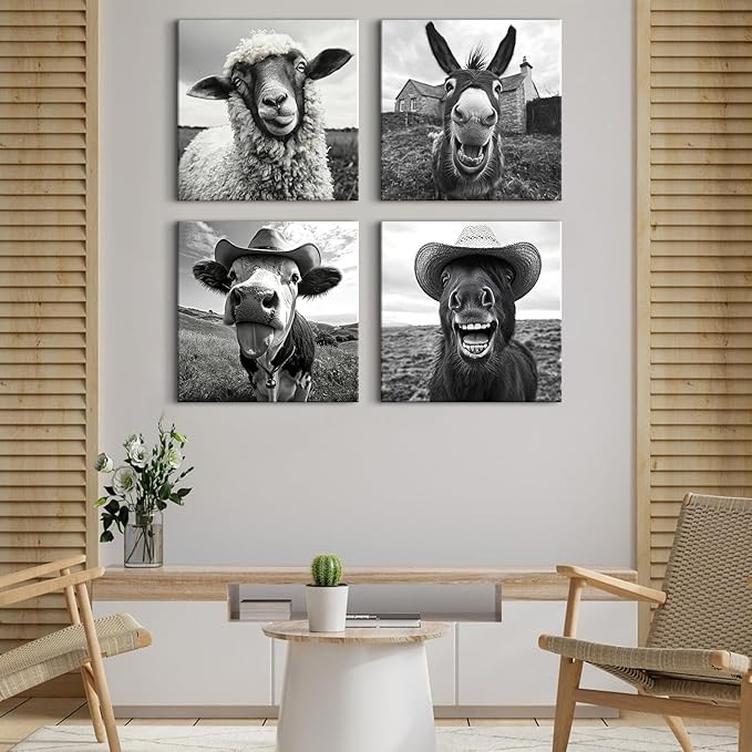 Farmhouse Cow Canvas Wall Art Humor Animals Pictures Sheep Donkey Horse Wall Decor Black and White Prints Artwork 20x20”, Nature Farm Animal with Cowboy Hat Posters Paintings Cabin Home Decorations