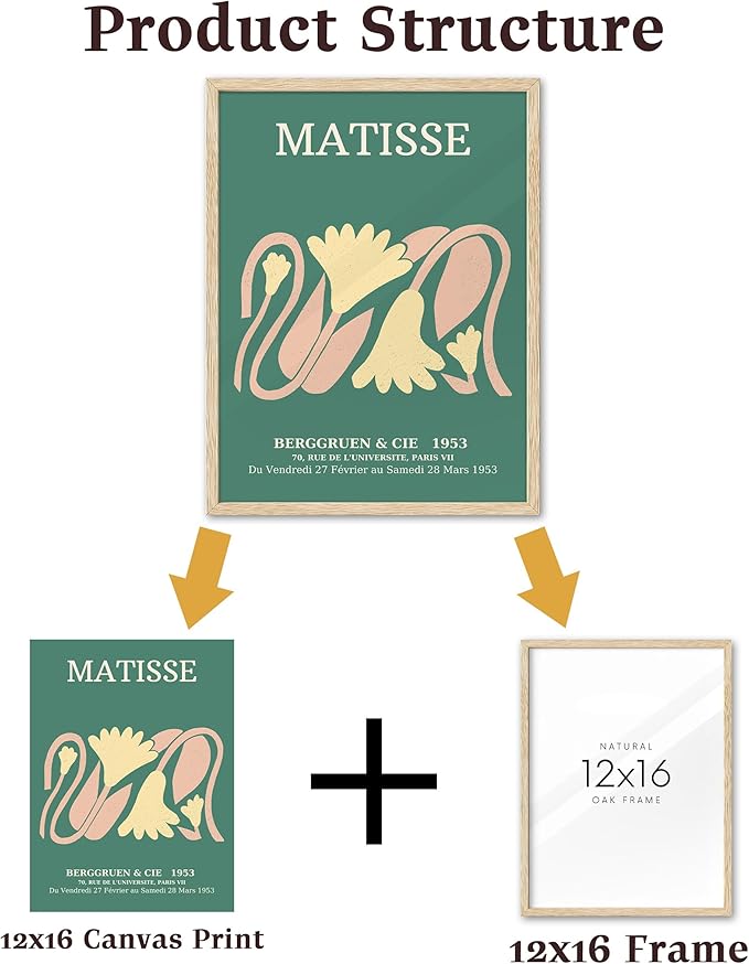 KensTro 12x16 Set of 3 Natural Oak Wood Picture Frame with 3 Green Prints,12x16 Minimalist Natural Solid Wooden Picture Frames for 12"x16" Posters,Wall Art,Photos,Prints,Paintings