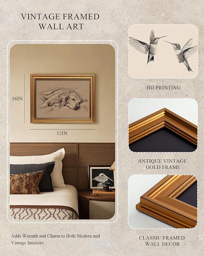 InSimSea Gold Framed Canvas Prints Wall Art, Vintage Dog Decor, Sketch Dog Sleep Paintings Farmhouse Wall Decor Aesthetic, Antique Minimalist Pictures for Bedroom Living Room Shelf, 12x16inch