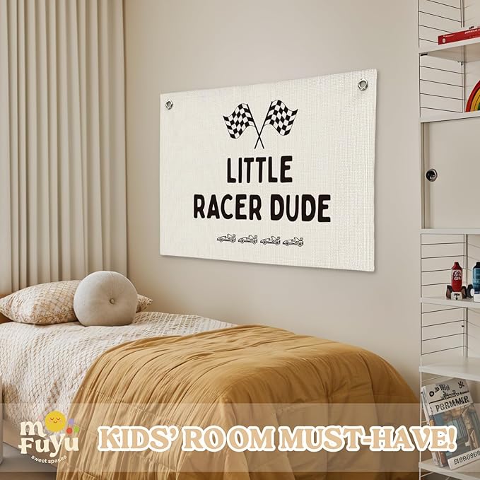 Playroom Decor,Little Racer Dude Canvas Banner,Race Car Room Decor for Boys,Cars Bedroom Decor,Toddler Boy Wall Hanging for Bedroom or Playroom, 30x20 Inch