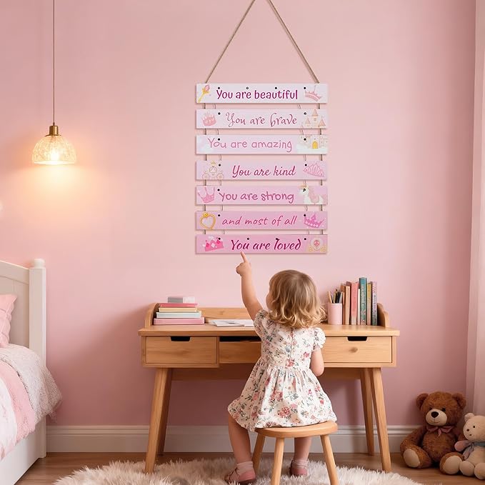 FIOBEE Girls Room Décor for Teen Girls Boys with LED Light Wall Decor for Bedroom Motivational Inspirational Wall Art Girl Room Decoration for Kids Studyroom, 8 Kinds of Lights, Pink Princess